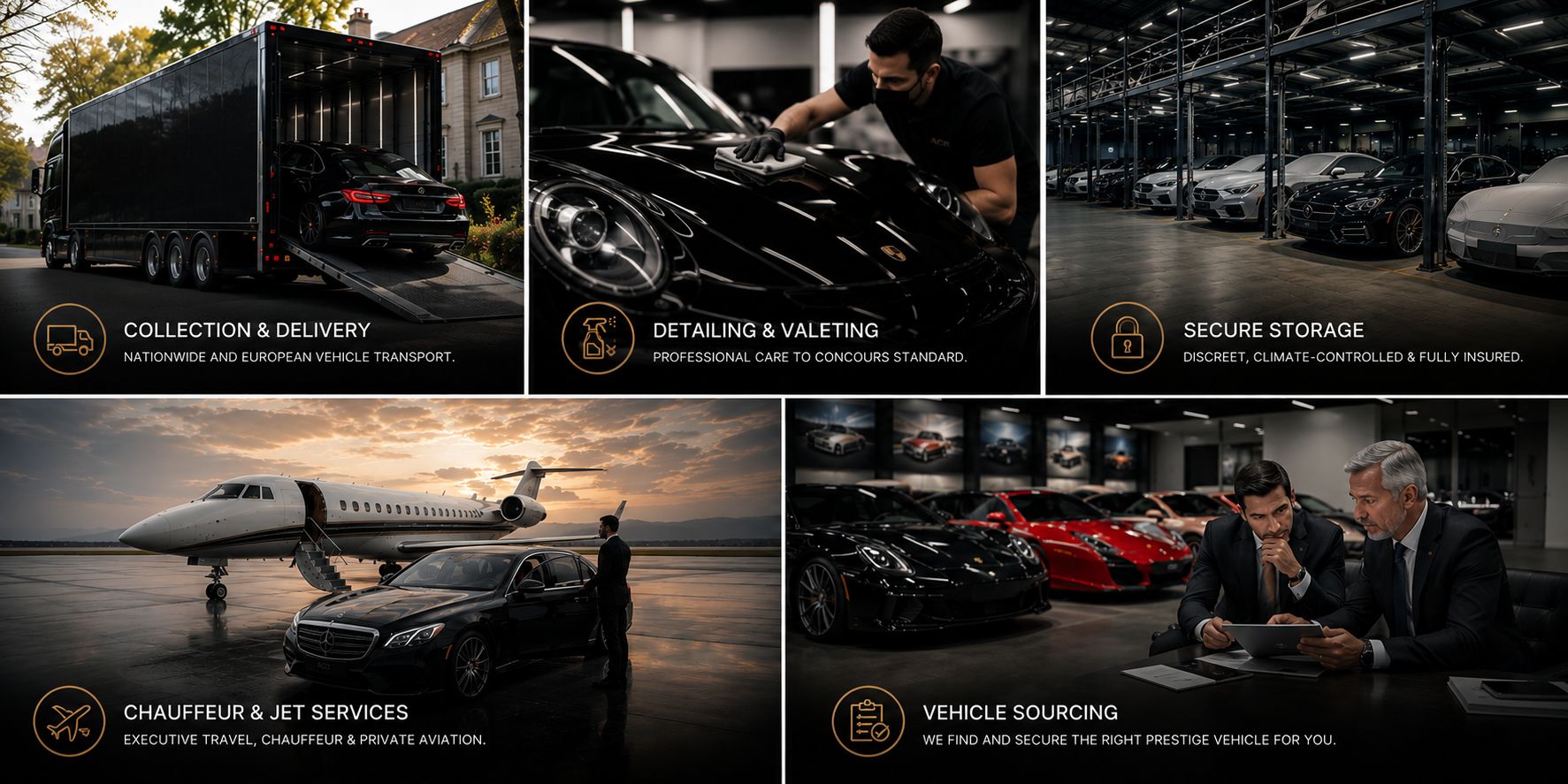 ACR Automobile concierge services — collection & delivery, detailing & valeting, secure storage, chauffeur & jet services, and vehicle sourcing